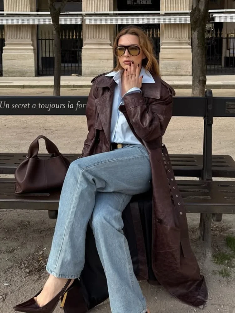 

Women Retro Leather Overcoat Solid Lapel Double Breasted Long Sleeve Loose Pocket Jacket 2025 Lady Fashion Highstreet Outerwear