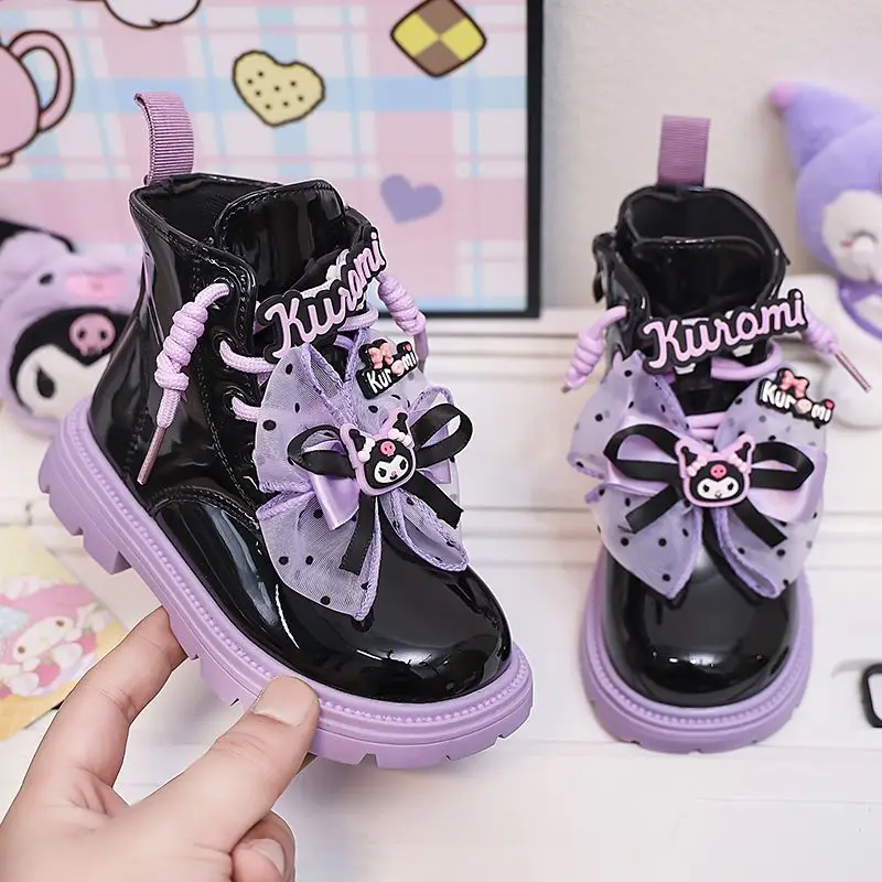 Kawaii Children's Kuromi Martin Boots Anime Cartoon Casual Fashion Girl Student Cute Black Bow Short Boots Leather Boots Autumn