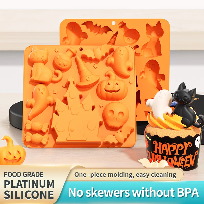 3D Halloween Theme Silicone Mold with Haunted Castle Pumpkin Ghost Bat Patterns Chocolate  Mold Flexible Baking Trays for Soap