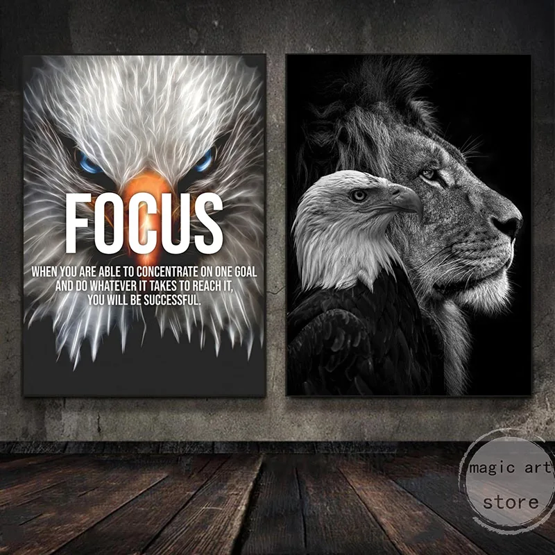 

Motivational Bald Eagle Quotes Focus,Black Lion and Eagle Faces Art Posters Canvas Painting Wall Prints Picture Room Home Decor