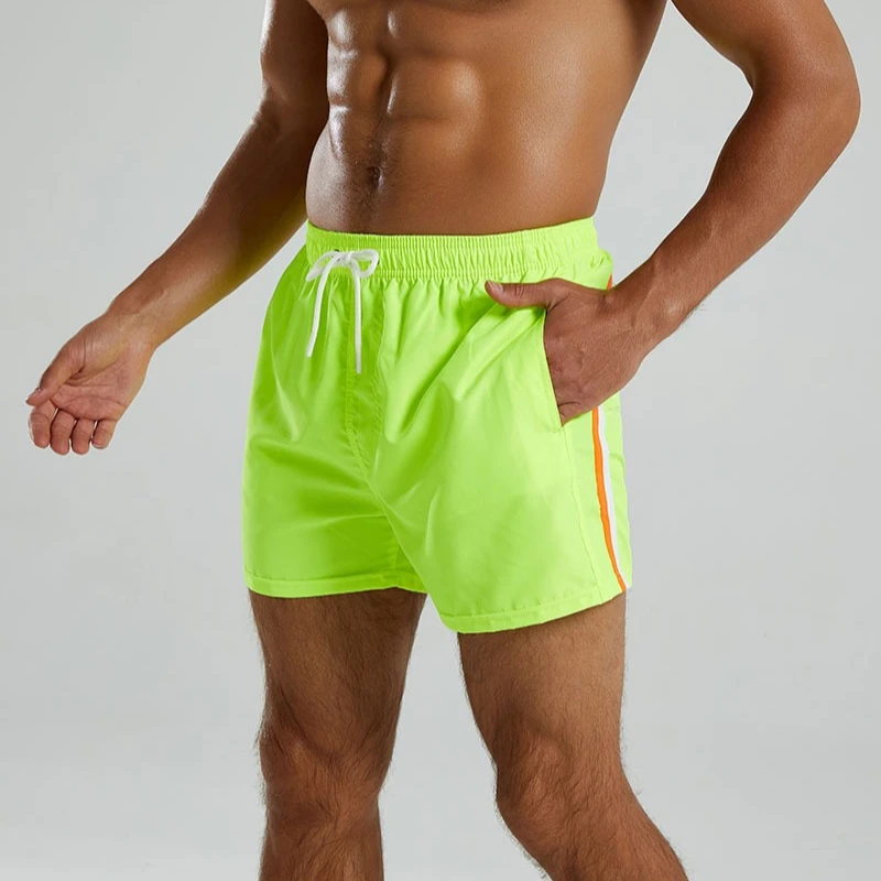 Mens Quick Dry Three Quarter Length Beach Shorts Casual Swim Board Shorts with Inner Lining Color Matching Vacation Bottoms