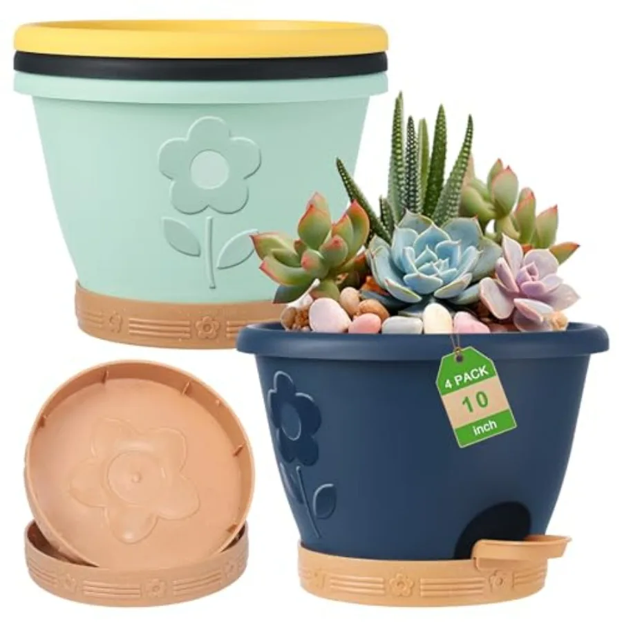 

Plastic Plant Pots 10 Inch Set of 4, Self Watering Pots with Drainage Holes, Saucer and Reservoir, Flower Pots for Indoor/Outdo