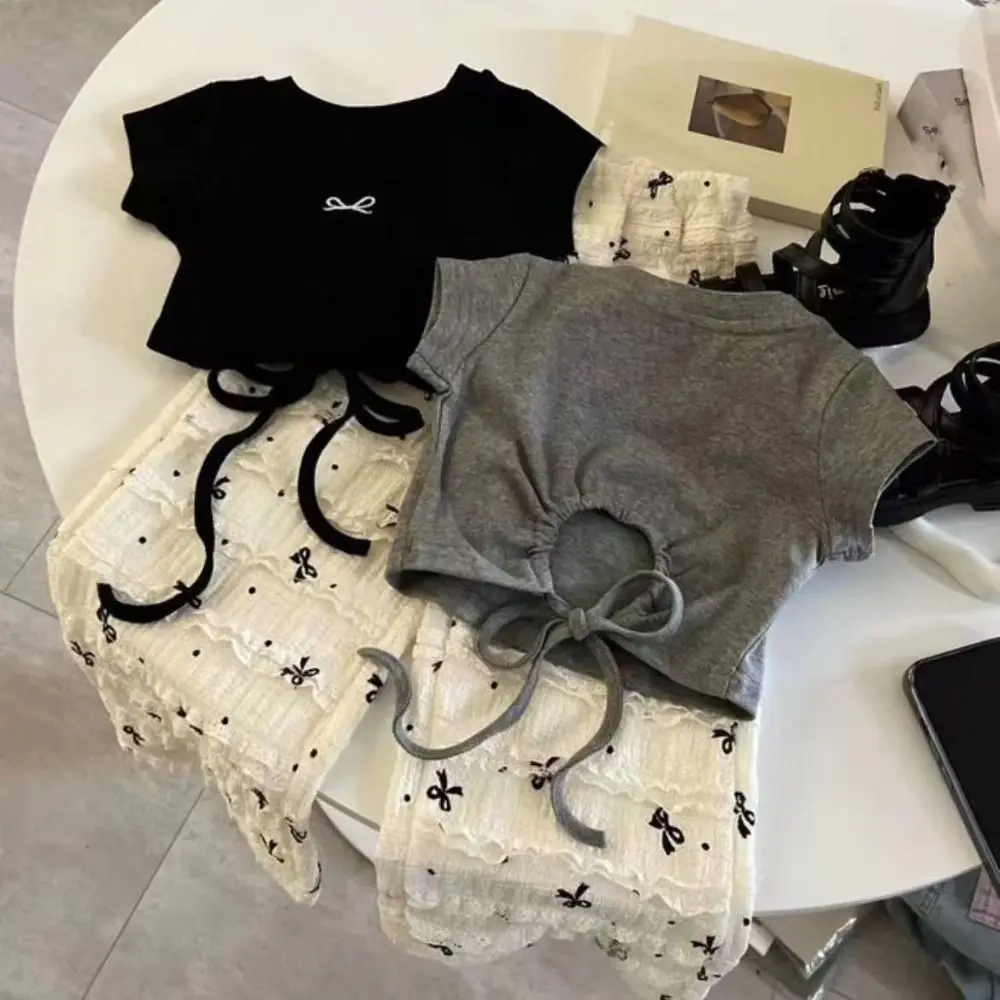 Simple Lace Up Teens Bow T-shirts Short Sleeve Summer Slim Crop Top Korean Style Sweet Girl's Top Children