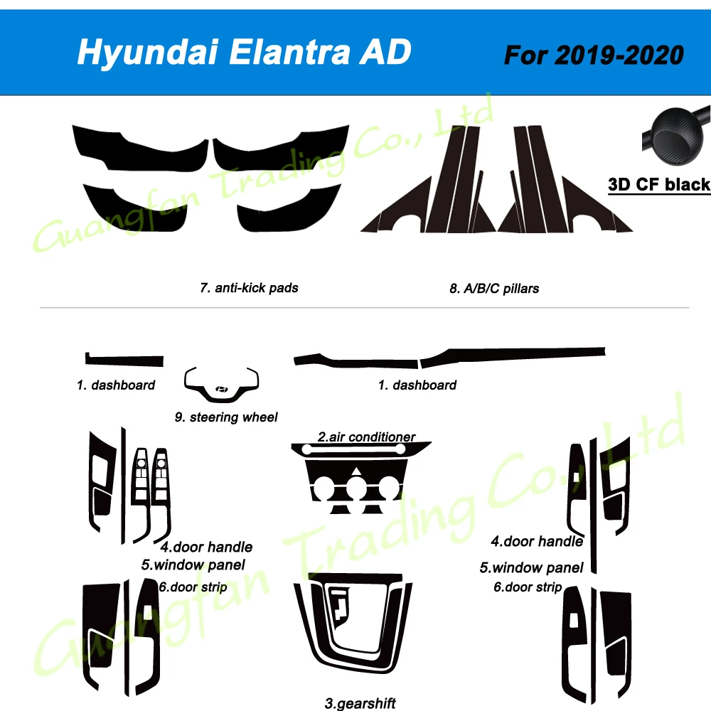 

3D/5D Carbon Fiber Car-Stylin Interior Center Console Cover Color Change Molding Sticker Decals For Hyundai Elantra AD 2016-2020