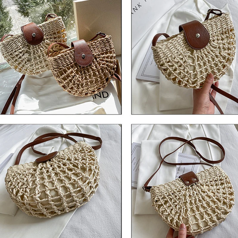 Yogodlns Sommer Stroh Tasche Für Frauen Mode Halbkreis Umhängetaschen Rattan Handgemachte Messenger Handtasche Reise Strand Taschen Tote – Detail 23