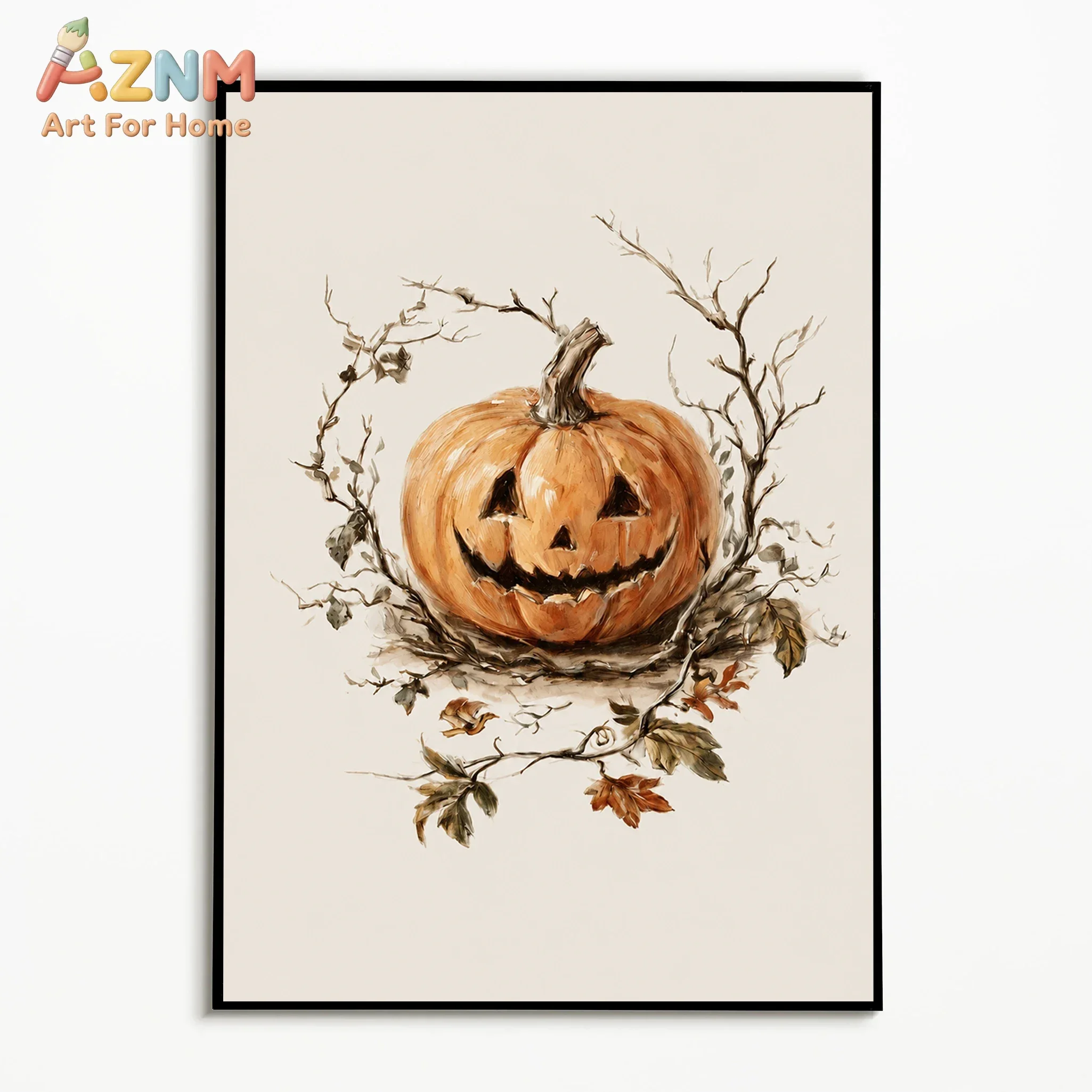 AZNM Vintage Jack O Lantern Canvas Wall Art Set of 8 Pumpkin Halloween Sketch Print Poster Retro Fall Autumn Farmhouse Seasonal
