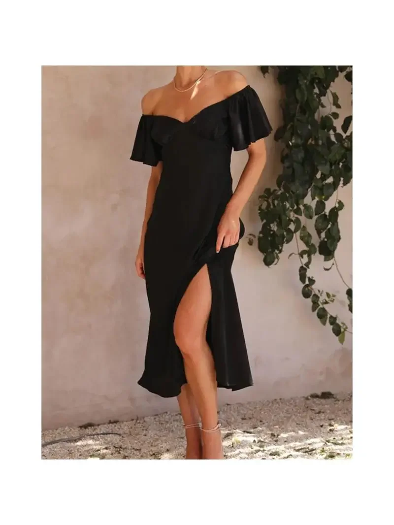 Skinny sexy bh maxi splitjurken voor de zomer damesjurk elegante korte ruchemouwen sexy open rug v-hals hoge taille jurk - afbeelding 2