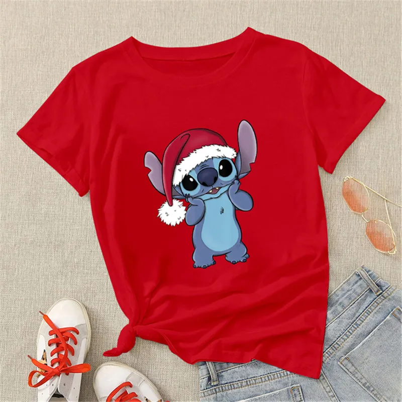 Fashion Christmas Hats with Stitch T Shirt Women Cartoon Tops Merry Christmas Gifts Cute Anime T-shirt Female Tshirt Clothes