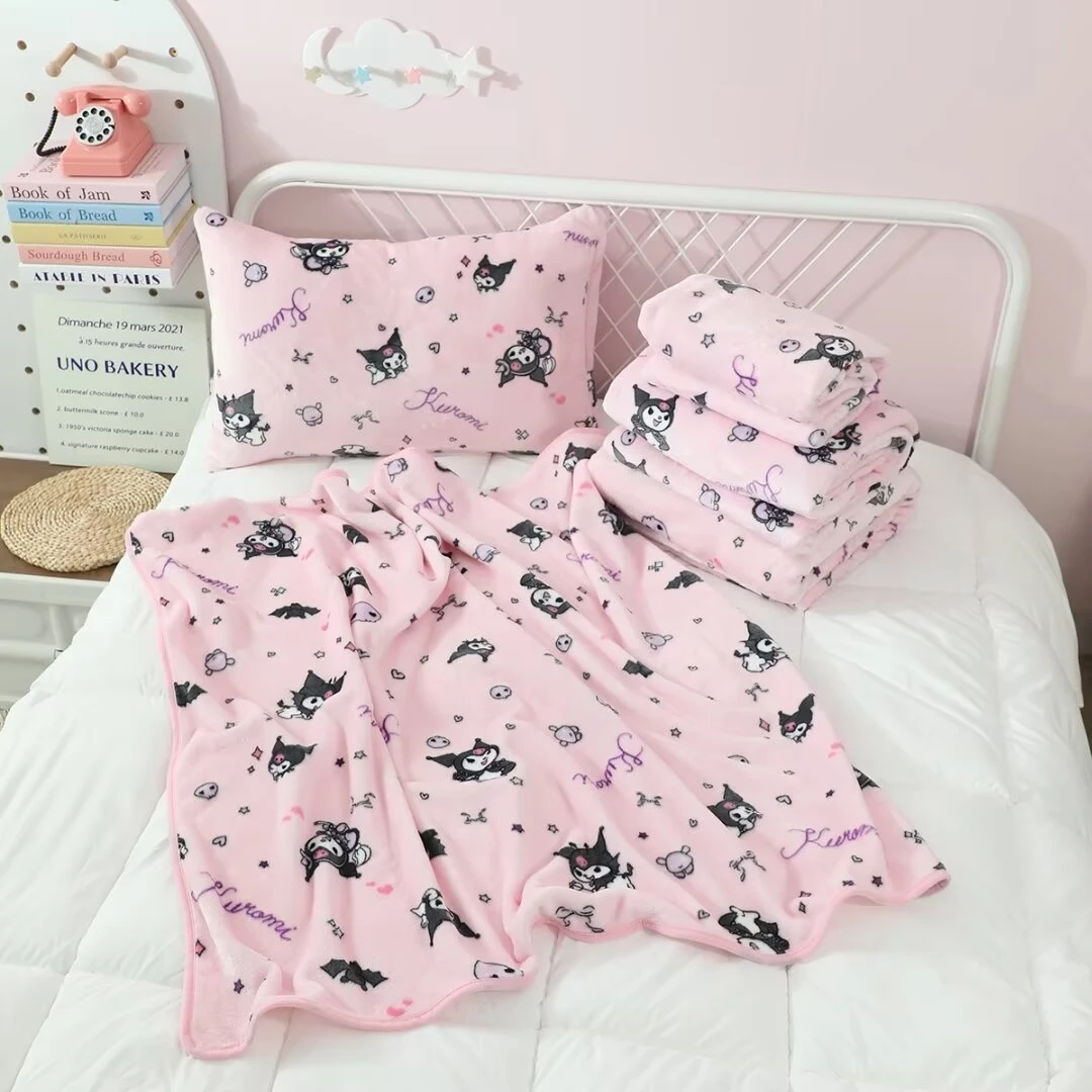 Pink Kuromi Blanket Warm Flannel Blanket Pillowcase Comfortable Cartoon Pattern Printing Blanket Bedspread Bedroom Sofa Bed Girl