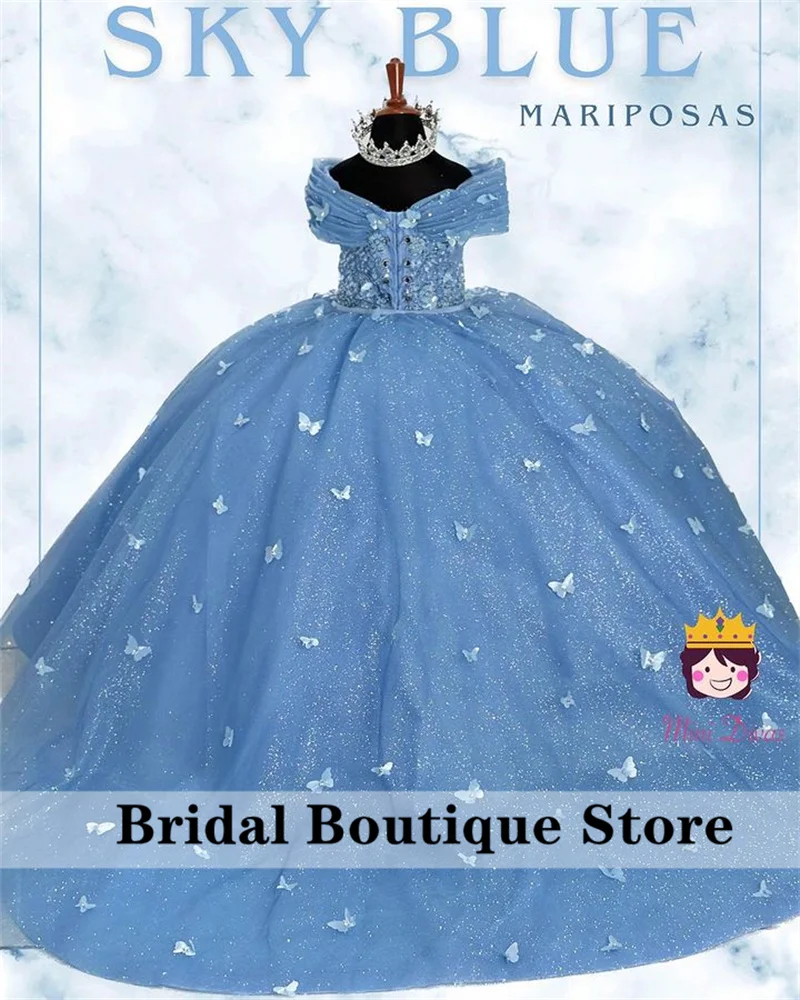 Sky Blue Flower Girls Dress 2024 Princess Ball Gown For Birthday Butterfly Applique Crystals Beads First Communion Customized