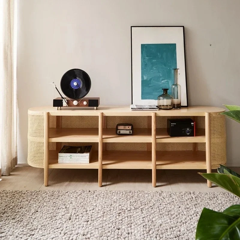 

Nordic Rattan Solid Wood TV Cabinet Home Antique Style Audiovisual Cabinet