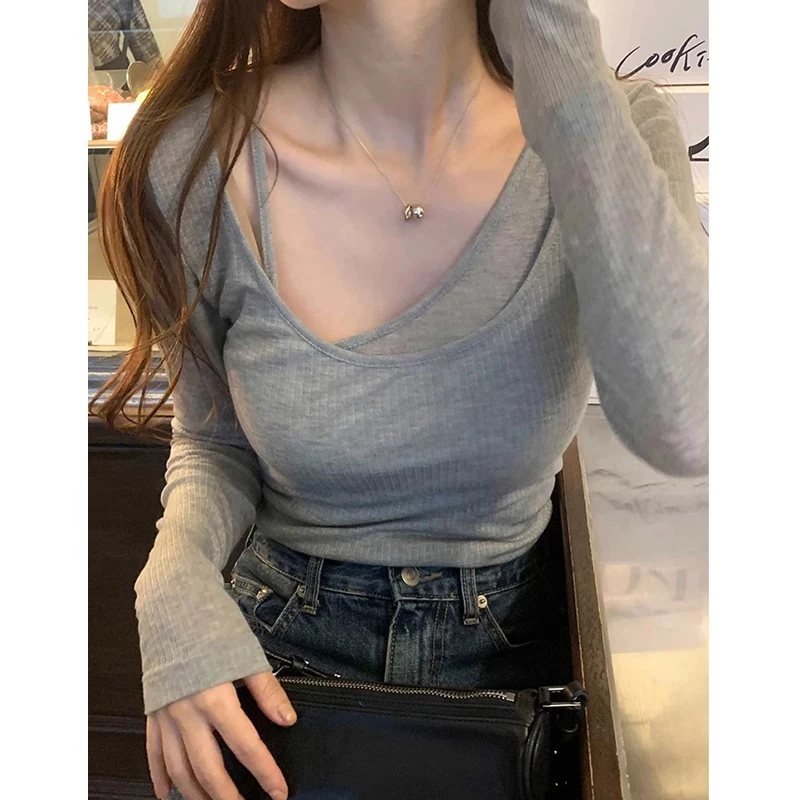 Korean Fashion Women T Shirts Autumn French Style Sexy Two Pieces Irregular Ladies Tops Off Shoulder T-shirt