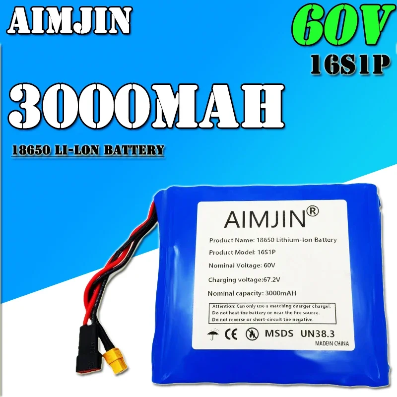 New 60V 3.0Ah 18650 16S1P Lithium Battery Pack A-level Battery Cells Long Endurance 15A BMS 900W High Power Battery