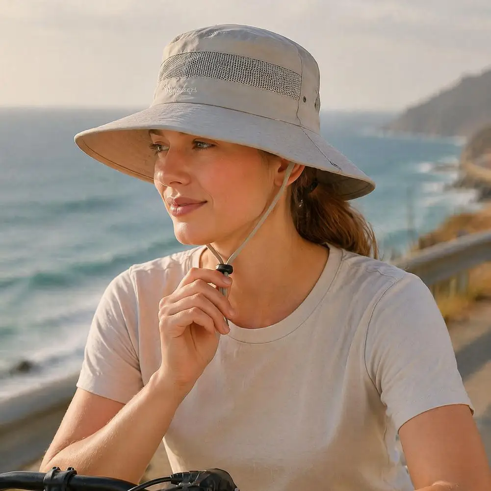 Summer Mesh Spliced Bucket Hat Wide Brim Sun Hat with Adjustable Drawstring Portable Cap for Outdoor Hiking Fishing Travel