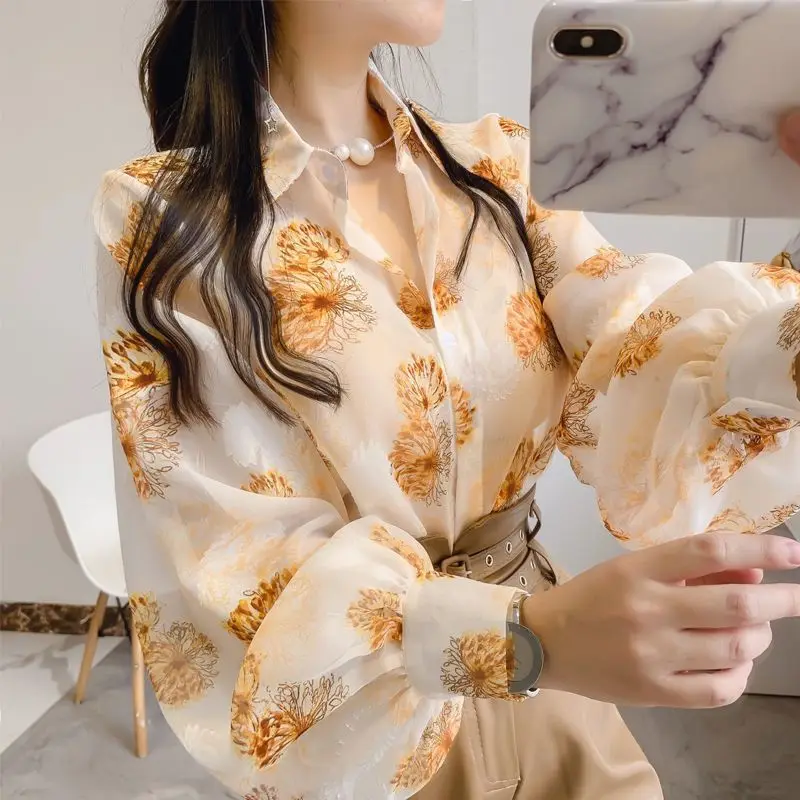 

Long Sleeve Shirt Women's Spring Summer New Loose Floral Blouse Lapel Chiffon Lantern Sleeve Sunscreen Shirt Tops