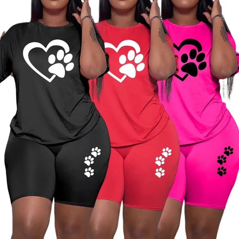 

Summer Hot Sale Women's Cute Heart Print Tracksuit O-Neck T-shirts Tight Shorts Urban Fashion Ladies Home Outdoor Casual Oufits