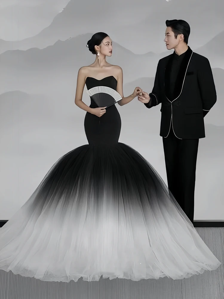 

Новое винтажное черное свадебное платье-русалка для фотосессий в студии, тематическая одежда для путешествий, пейзажных съемок на природе, в китайском стиле, женское