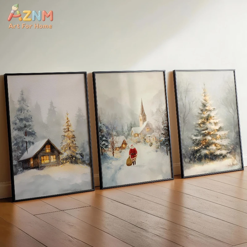 3PCS Vintage Winter Christmas Canvas Wall Art Set Watercolor Santa Snowy Village Prints for Living Room Bedroom Decor Unframed