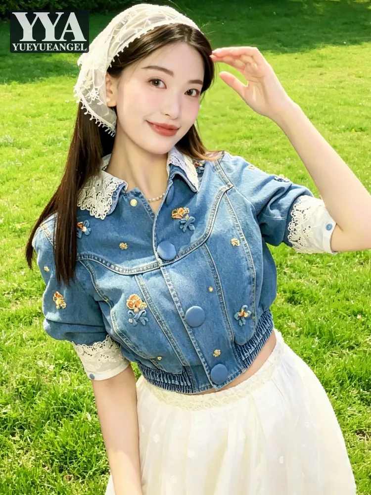 Summer Women French Style Embroidery Spliced Lace Denim Jacket Single Breasted Slim Fit Casual Turn Down Collar Short Outwear