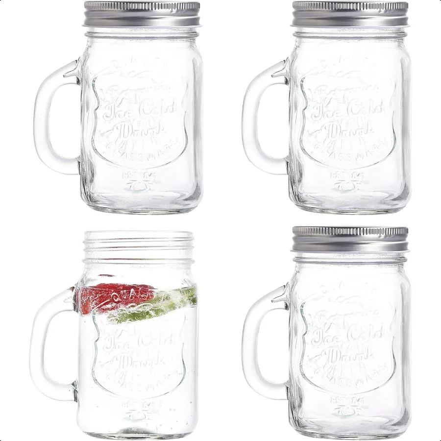 

4 Pack 16oz Glass Mason Jar with Handle and Lids Wide Mouth Glass Container for Meal Prep Jam Honey Sauces Wedding Favors Showe