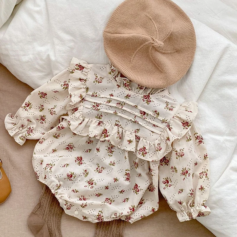 2023 Baby Girl Plaid Rompers Toddler Girls Long Sleeves Jumpsuit Infant Girls Floral Rompers Princess Spring Autumn Clothes