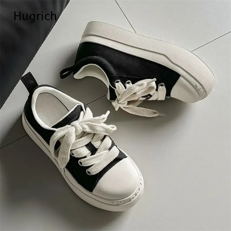 Wide Thick Laces Canvas Platform Sneakers Embossed Letter Sole Contrast Toe Cap Low Top Casual Shoes for Women Daily
