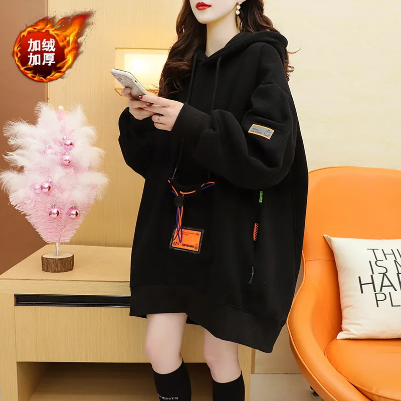 

2024 Autumn Winter Fleece Lined Large Pocket Hooded Sweatshirt Trendy