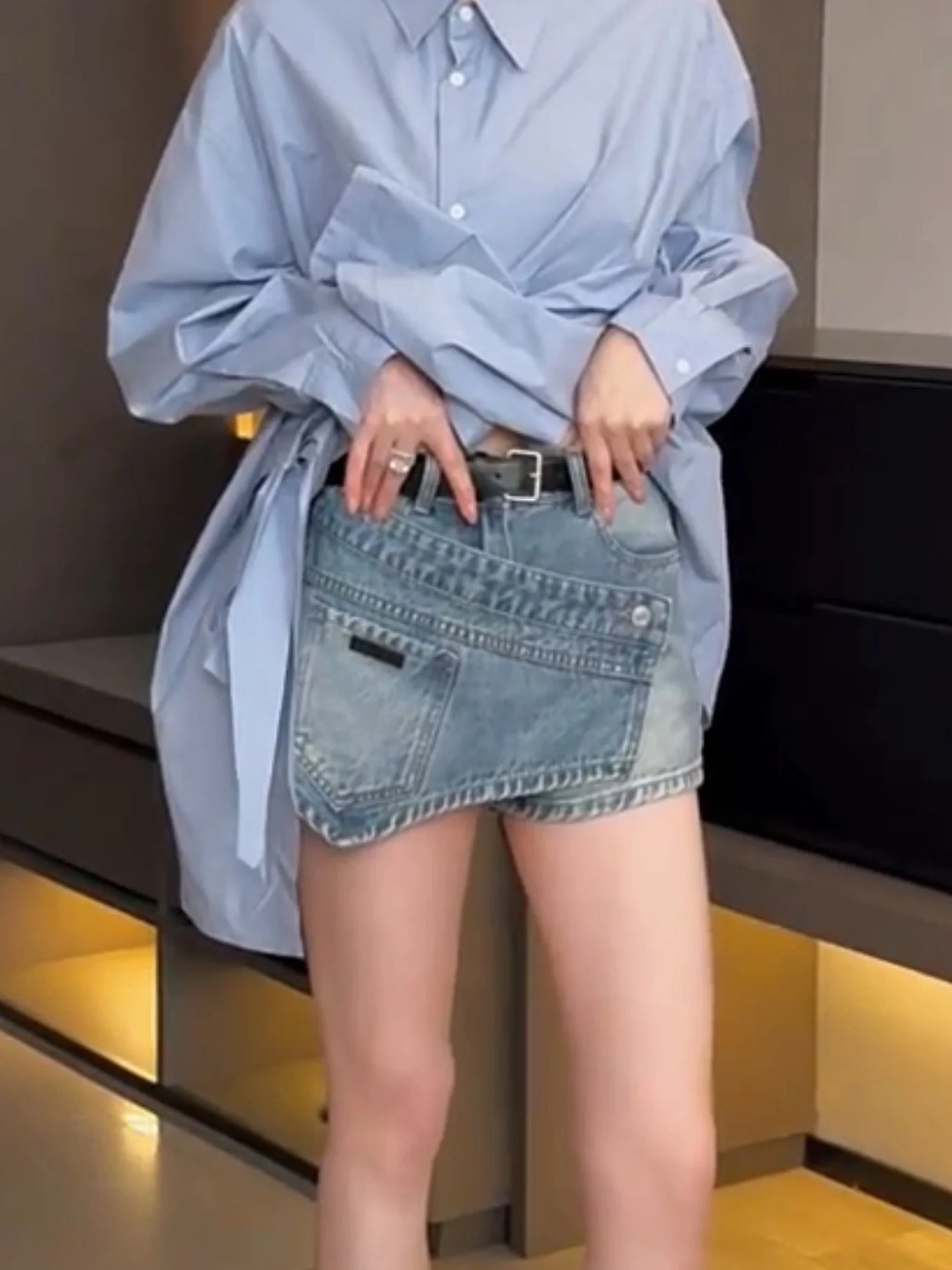 High Waist A-Line Denim Shorts Women's Design Sensation Slimming False Two-Piece Summer Trendy Three-Quarter-Length Hot Pants