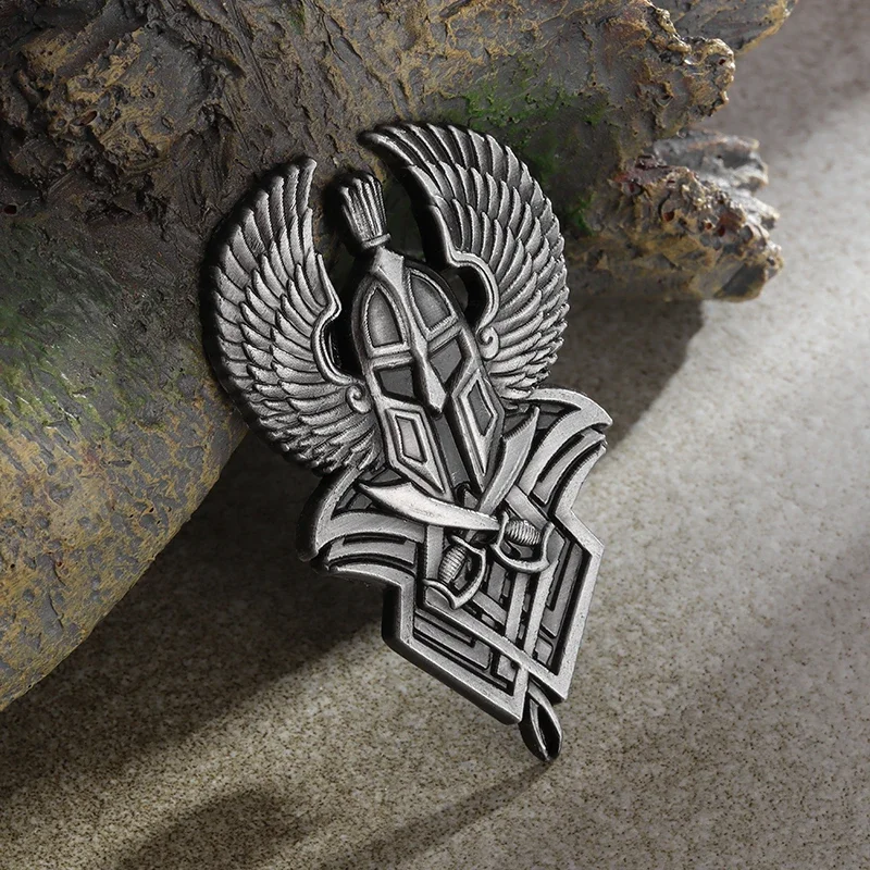 Retro Ancient Greek Spartan Warrior Mask Wings Double Sword Brooch Fashion Men\'s Personality Trend Cool Punk Jewelry