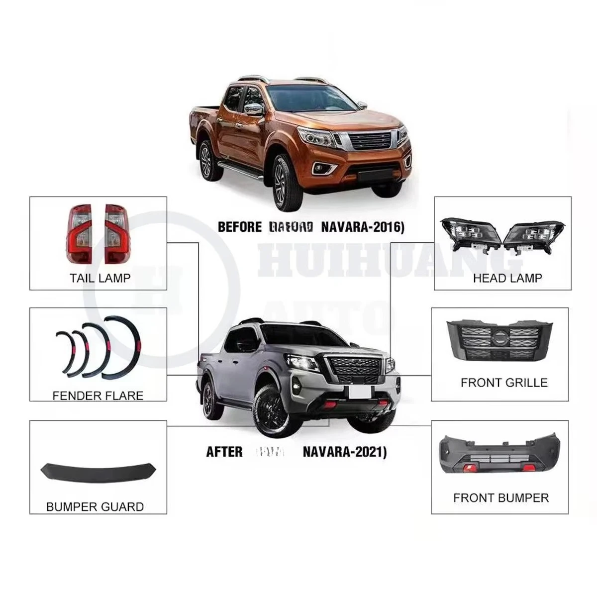 Car Bumpers Parts for  Navara 2016 2017 2018 2019 Facelift to 2021 NP300 Frontier with Bumpers Grille Headlight Taillight