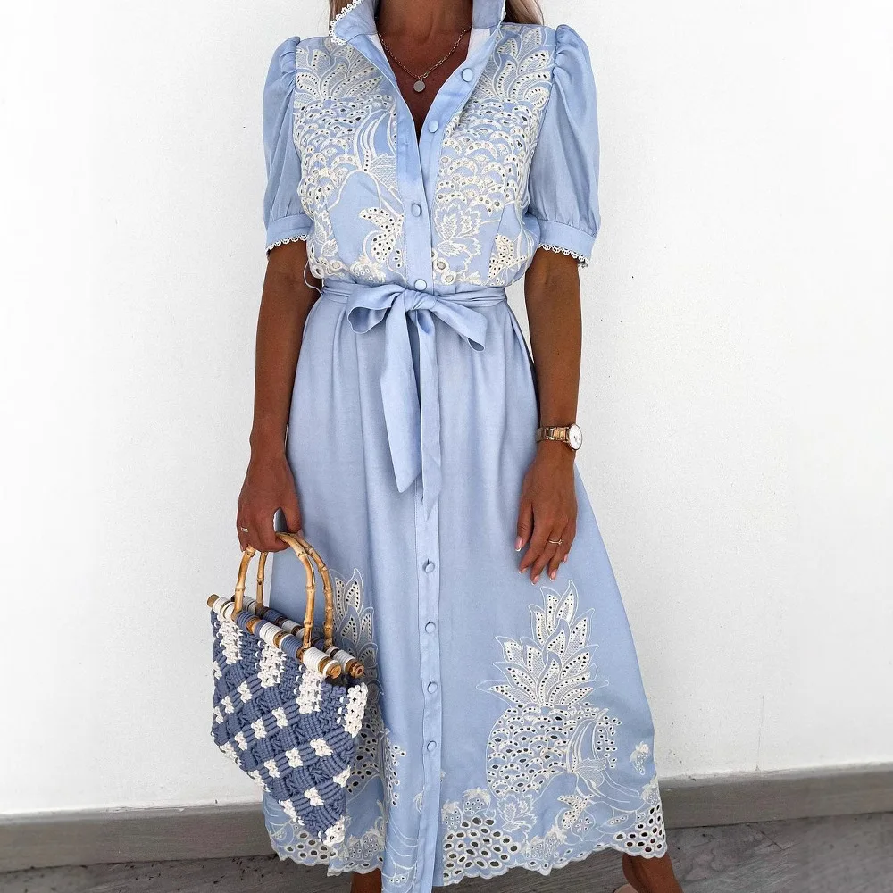 2025 Zomer Bladerdeeg Mouw Kant Feestjurk Sexy Hollow Out Patchwork Borduren Lange Jurk Elegante Vrouwen Tie-Up Gordel shirt Jurk