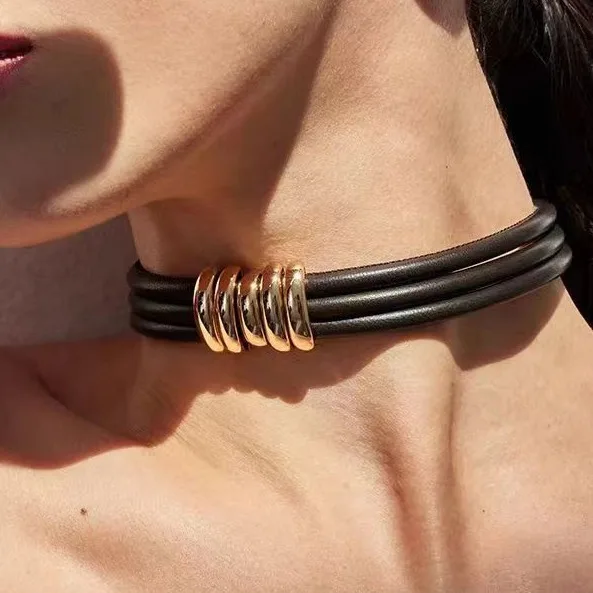 

Brass Statement Chunky Leather Choker Bracelet Women Jewelry Designer T Show Runway Gown Rare INS Japan Korean Trendy