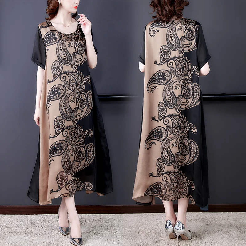 2022 Spring Summer Print 4XL Plus Size Mulberry Silk Dress Women Elegant Bodycon Party Vestidos Boho Vintage Loose Midi Dresses