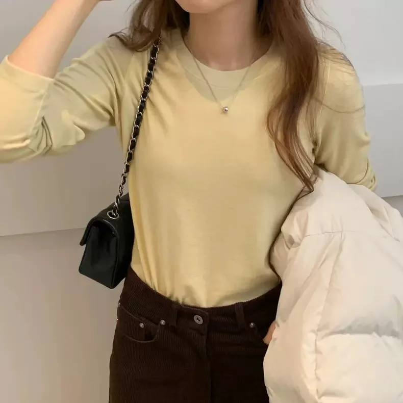 

Новая зимняя женская футболка с длинным рукавом, однотонная, простая, из хлопка, премиум-класса