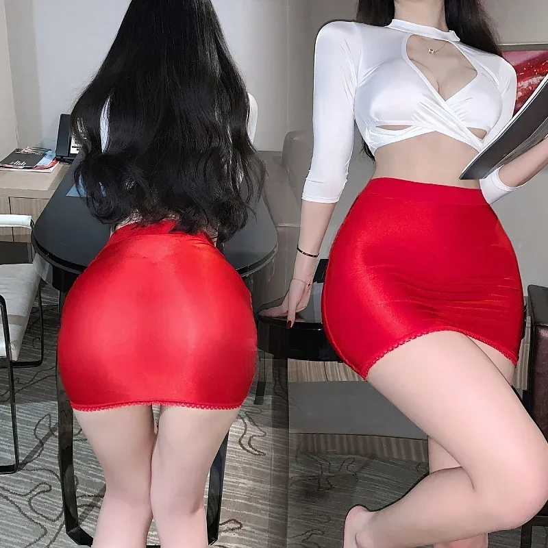 Elastic Shiny Short Skirts Plus Size Women Sexy Package Mini Skirt High Wiast See Through Tight White Black Wrap Pencil Skirt