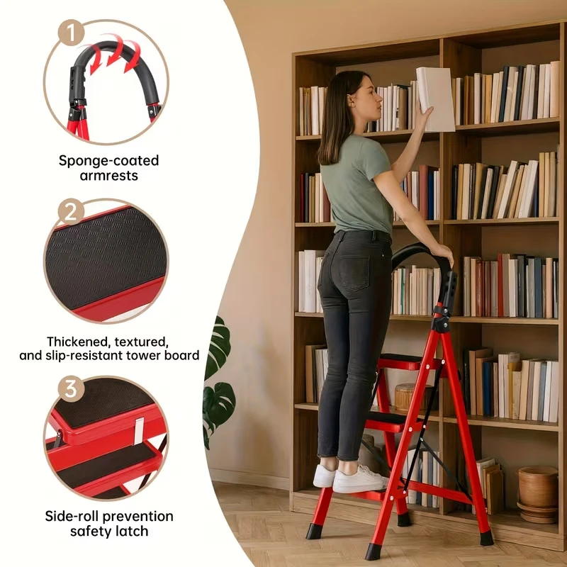 Foldable 3-Step Ladder for Household Use, Non-Slip Step Stool, Compact Storage Ladder for Daily Indoor Use