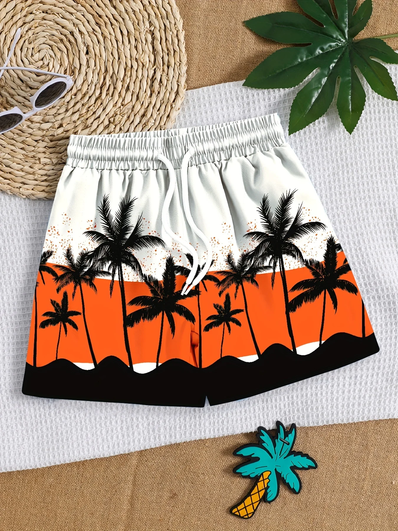 Boys Swim Trunks Coconut Trees 3D Print Elastic Waist Drawstring Beach Pants Swim Shorts For Boy Comfortable Kids Clothes Summer