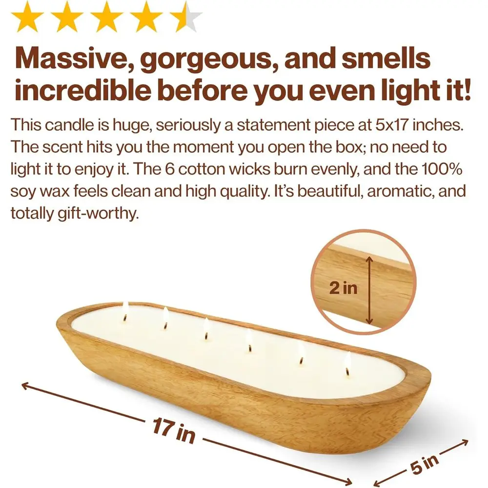 شمعة فانيليا لاتيه الصويا - 6 فتائل، وعاء خشبي 32 أونصة، ديكور ريفي، مزيل الرائحة، هدية طبيعية بالكامل #6