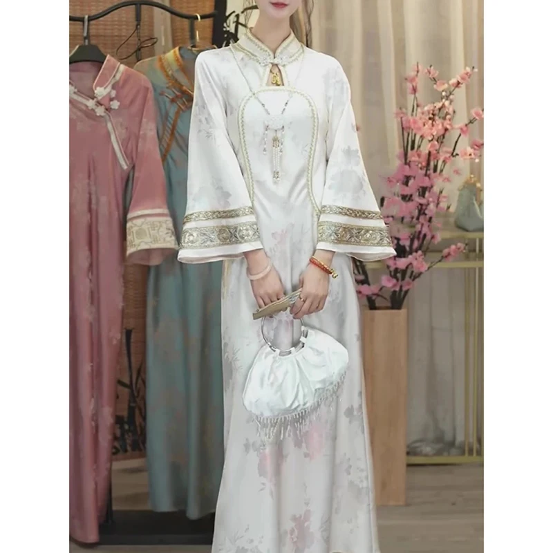 

Роскошное современное платье Cheongsam, женское весеннее платье 2023, новое китайское платье Cheongsam с цветочным принтом, элегантное повседневное платье с длинными рукавами, женское