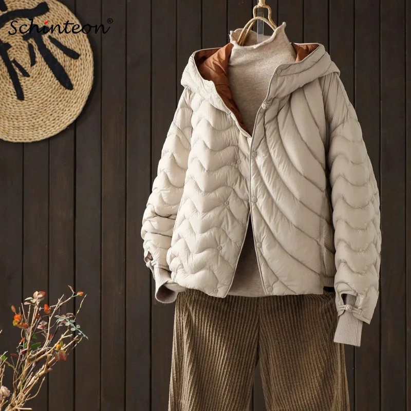 

Женская пуховая куртка Schinteon из белого утиного пуха, новая коллекция 2026 года, осенне-зимняя, теплая, повседневная, свободного кроя, с капюшоном, высококачественное пальто