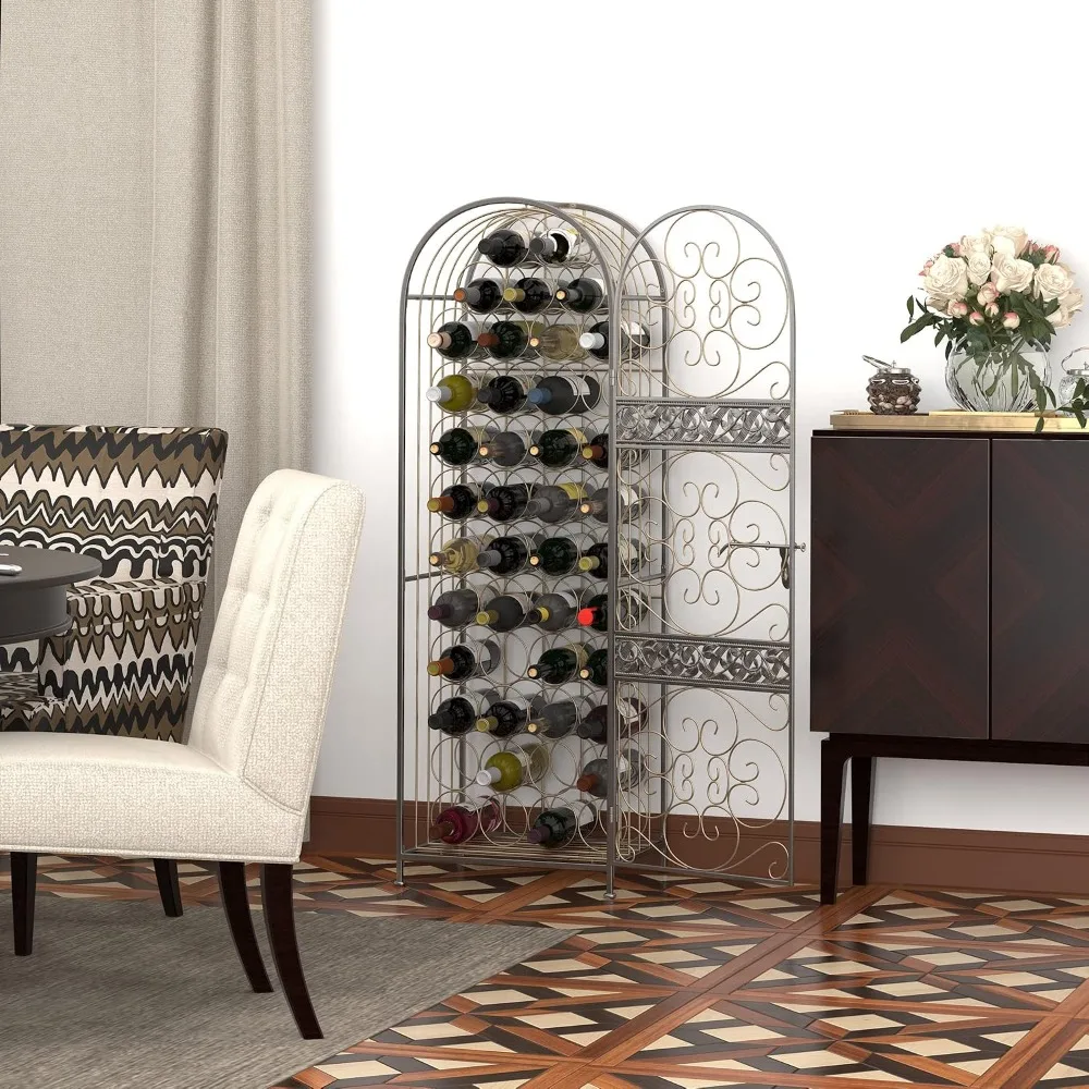 45 Bottle Wrought Iron Wine Rack with Lock - Antique Bronze, Floor Standing