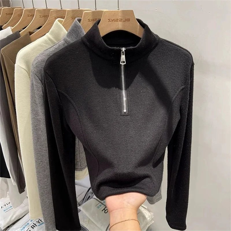 

plus Size 300 Pounds Women's Long Sleeve Zipper Thickened Velvet Base Shirt Korean Style Pure Color Autumn Winter Top