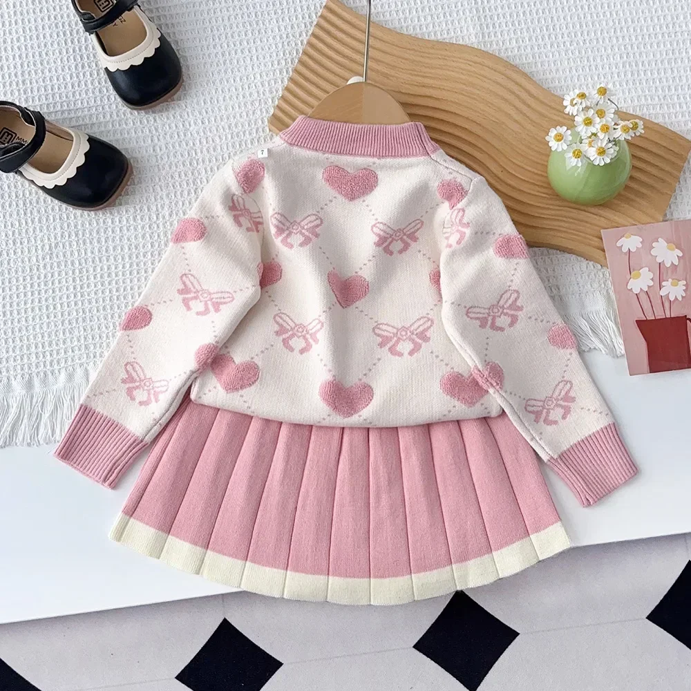 Autumn Winter New 3-7 Years Girls Sweet Fashion Outfits Long Sleeve Cute Sweater Top + Skirt 2 Pcs Set Kids Casual Clothes