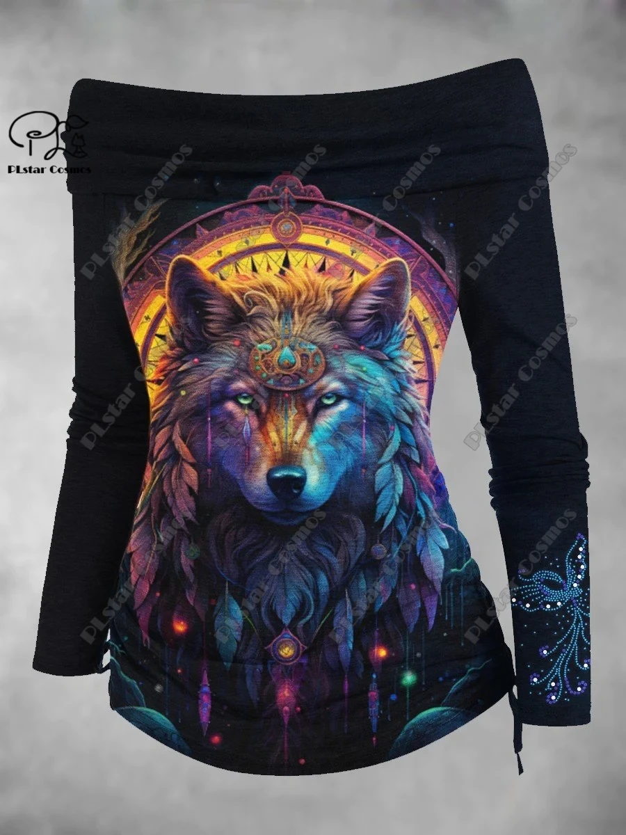 PLstar Cosmos 3D impreso serie animal lindo patrón arte estampado fuera del hombro plisado camiseta ajustada mujer casual top D-2