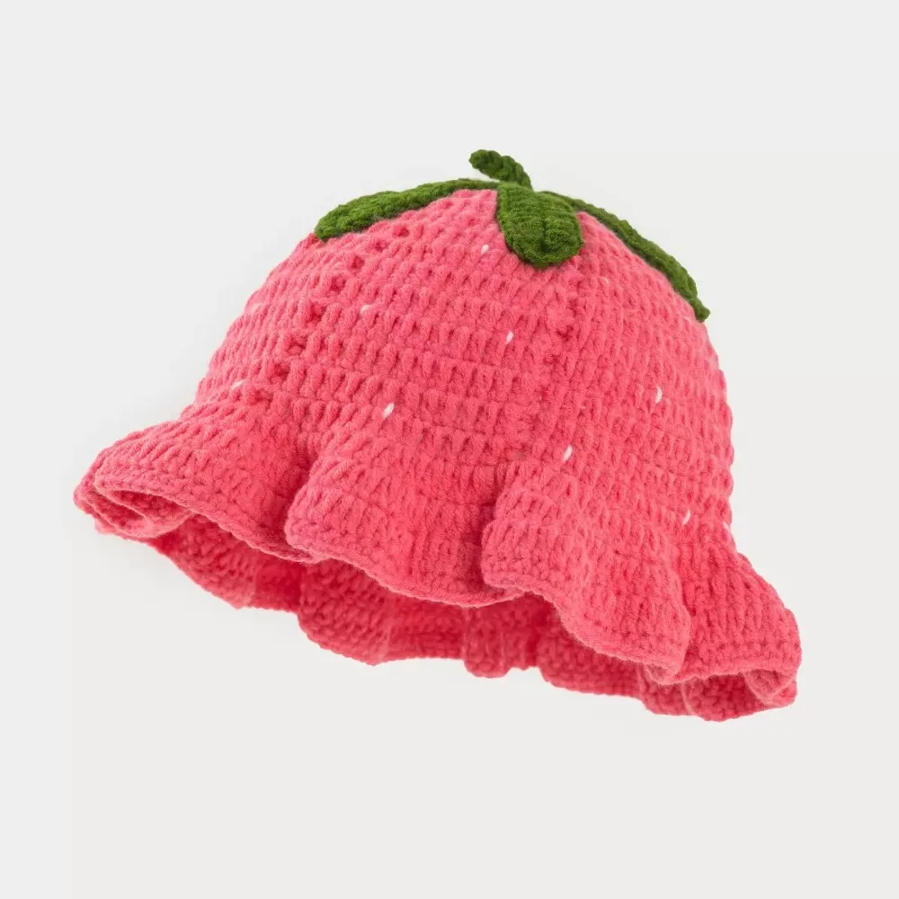 Kawaii Ruffle Strawberry Knitted Hat orange Stretch Knit Fisherman Hat Warm Fruit Shaped Crochet Beanie Cap Female/Girls