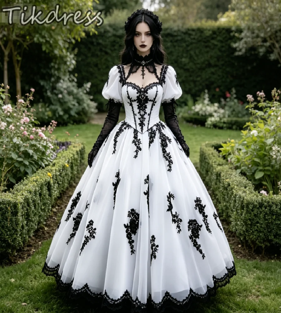 Vampire White Black Gothic Wedding Dress 2026 Puff Sleeve Lace Halloween Floor Length Victorian Dark Theme Bridal Gown Lace Up