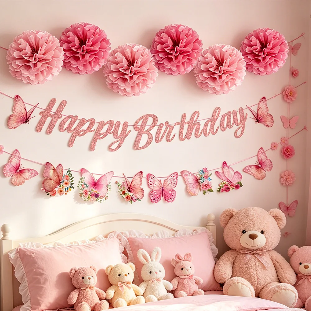 Schmetterlings-Partybanner-Girlande, hängende Dekoration, Kinder- und Mädchen-Geburtstagsdeko, Schmetterlings-Geburtstagsdekoration, Babyparty- und Hochzeitsdekoration – Detail 3