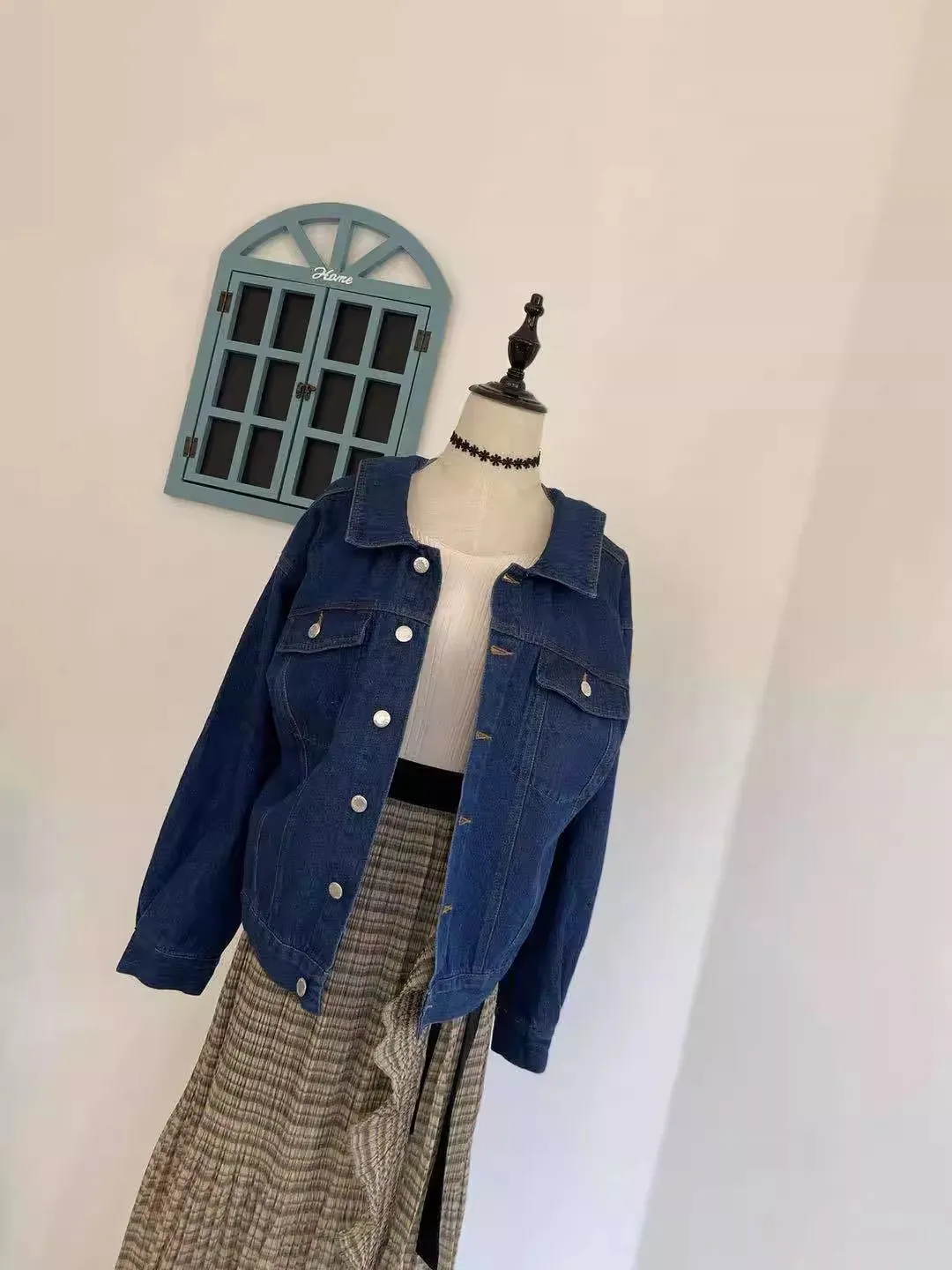 Japanese Magazine Fashion Loose Shoulder Drop Back Button Flip Collar Denim Jacket Top Women's Commute Style Regular Length C...