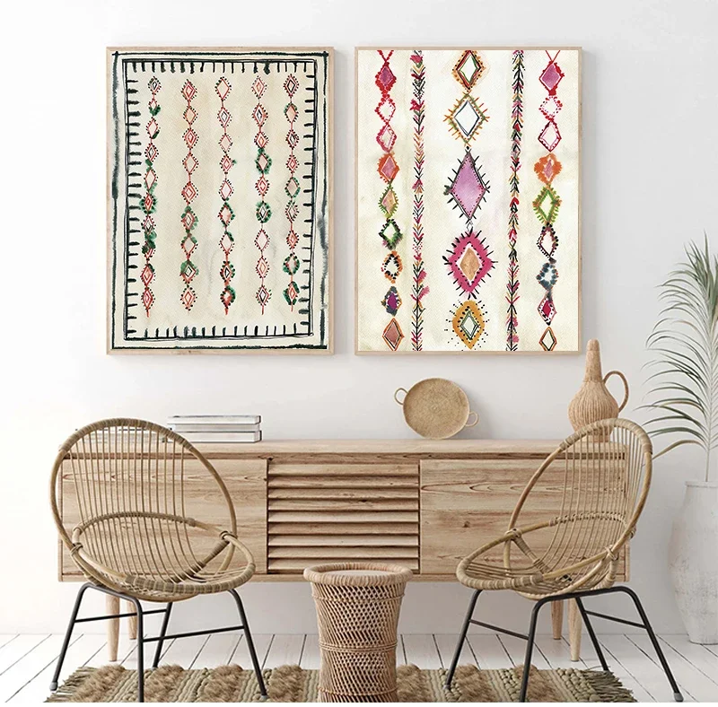 Moroccan Rug Art Painting Boho Wall Pictures , Abstract Neutral Eclectic Canvas Art Prints Home Bohemia Poster Wall Decor