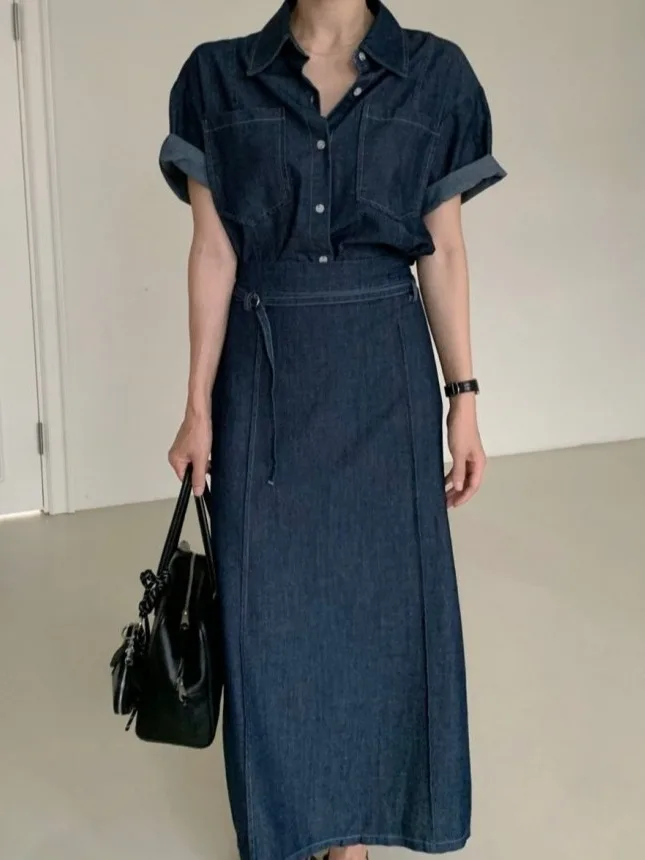 

Korean Sle Faionable Denim Set Women's Summer Vintage Turn-down Collar ort Sve irt High Waist Slimming Skirt